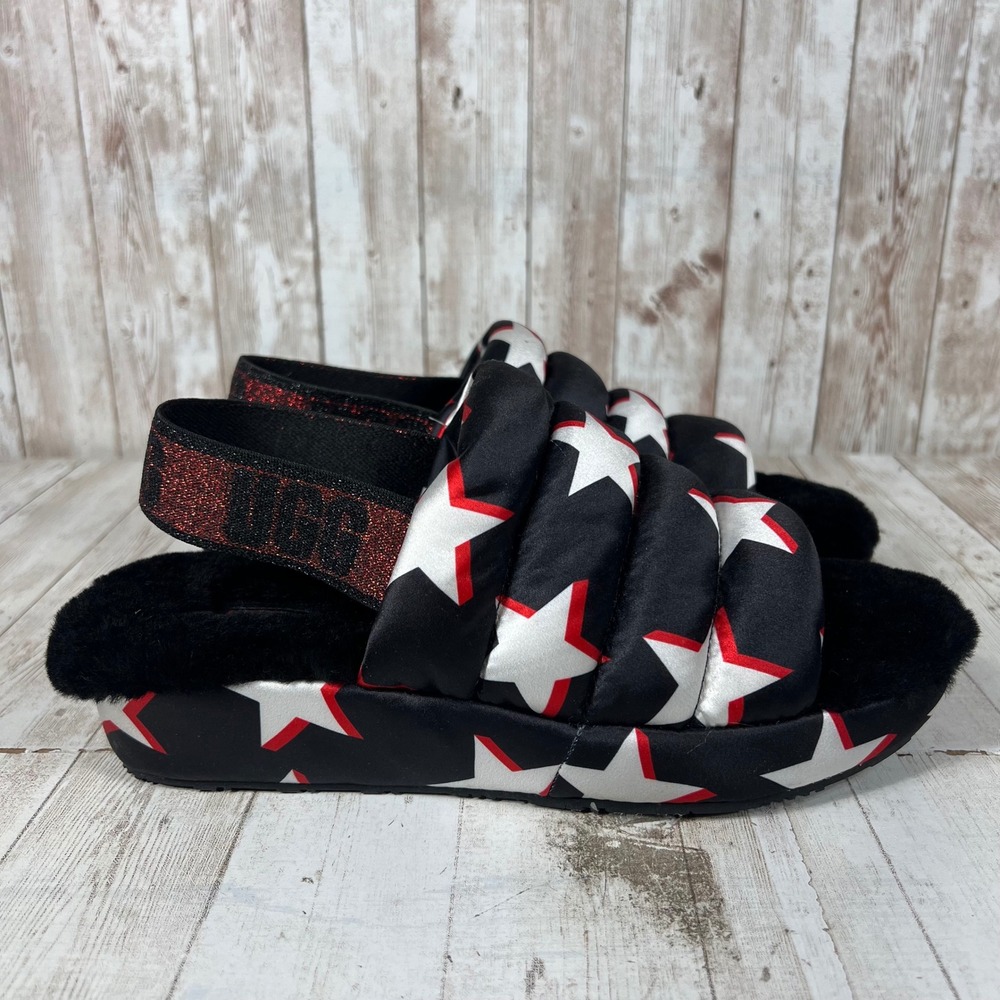 UGG Super Fluff Starry Night Star Print Slingback Platform Sandals Black Red 8